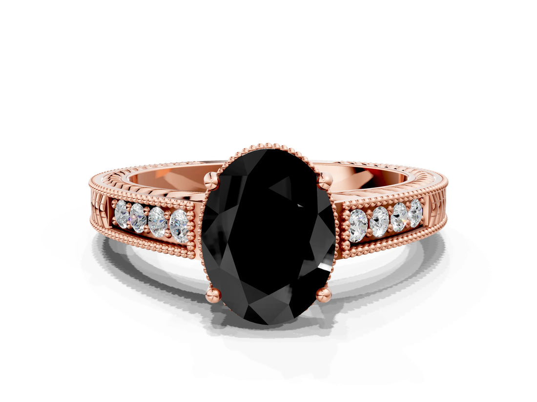 Rose gold Fancy Black Oval Cut Cut Diamond Milgrain Pave Band Four-Prong Setting Ring_3