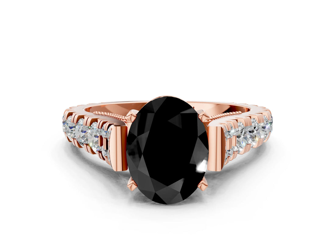 Rose gold Fancy Black Oval Cut Cut Diamond Pavé Band Solitaire with Four-Prong Setting
