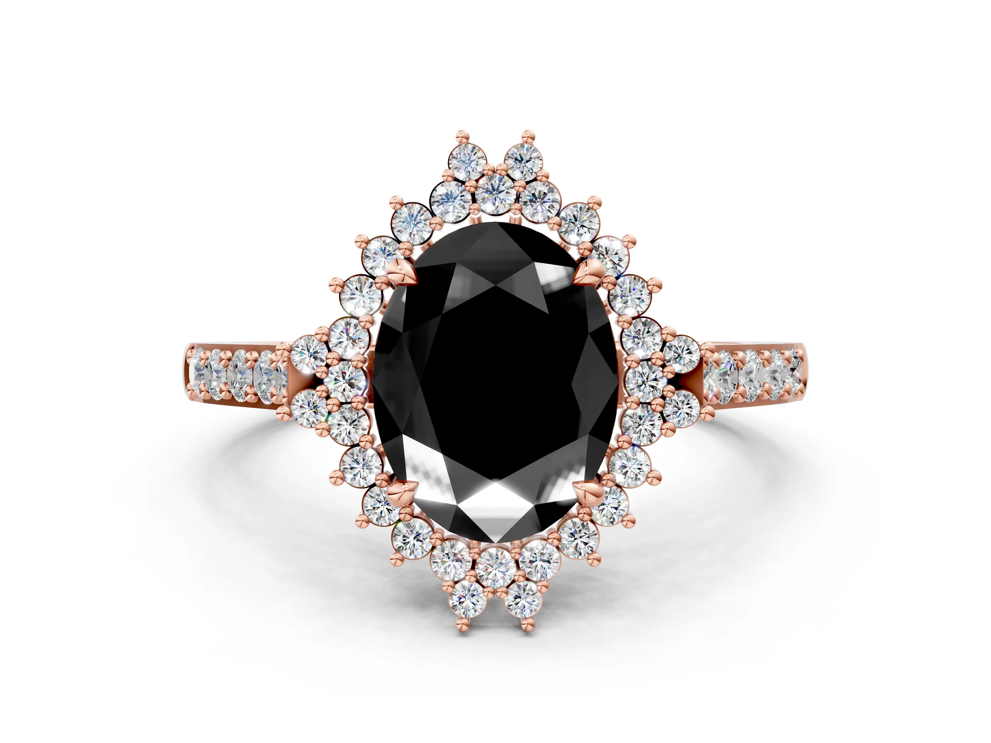 Rose gold Fancy Black Oval Cut Cut Diamond Sunburst Halo Engagement Ring with Pavé Band_12
