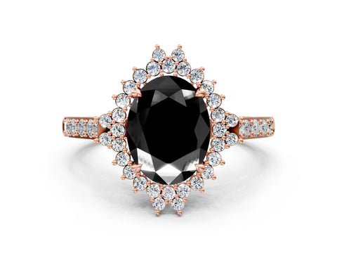 Rose gold Fancy Black Oval Cut Cut Diamond Sunburst Halo Engagement Ring with Pavé Band_12