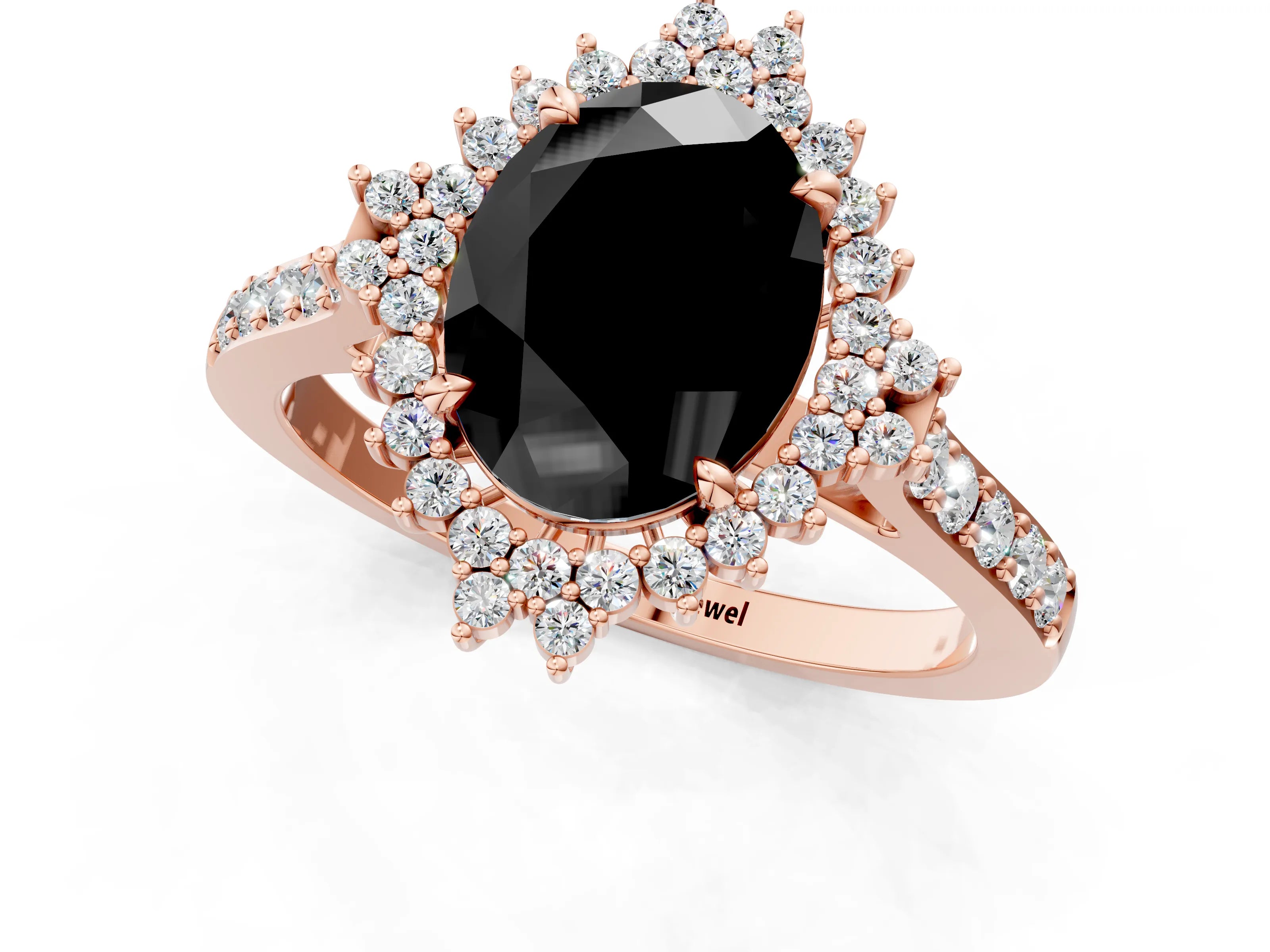 Rose gold Fancy Black Oval Cut Cut Diamond Sunburst Halo Engagement Ring with Pavé Band_13