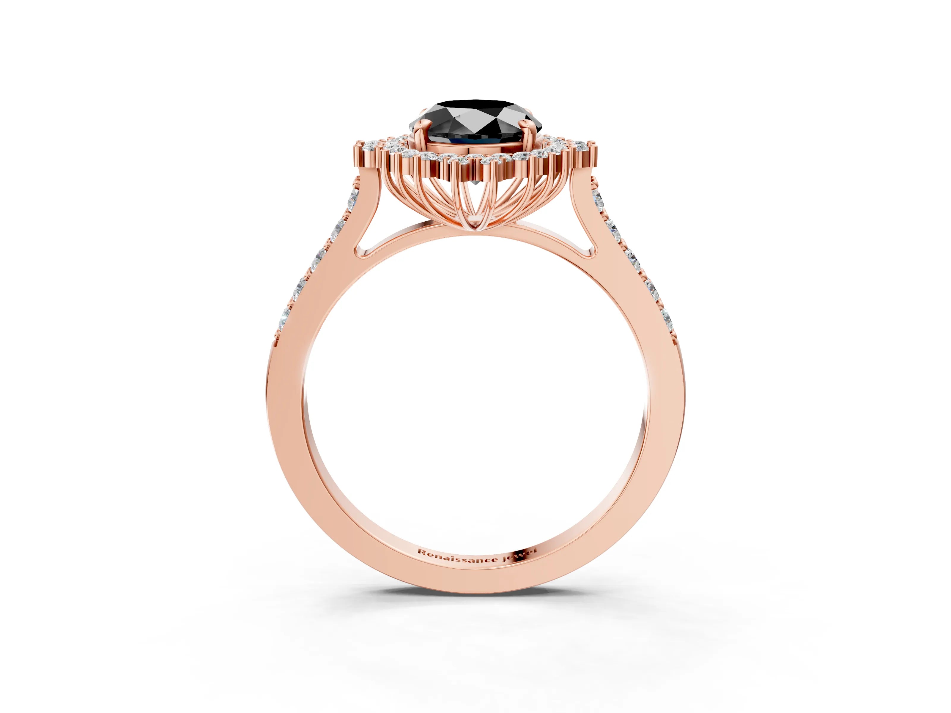 Rose gold Fancy Black Oval Cut Cut Diamond Sunburst Halo Engagement Ring with Pavé Band_15