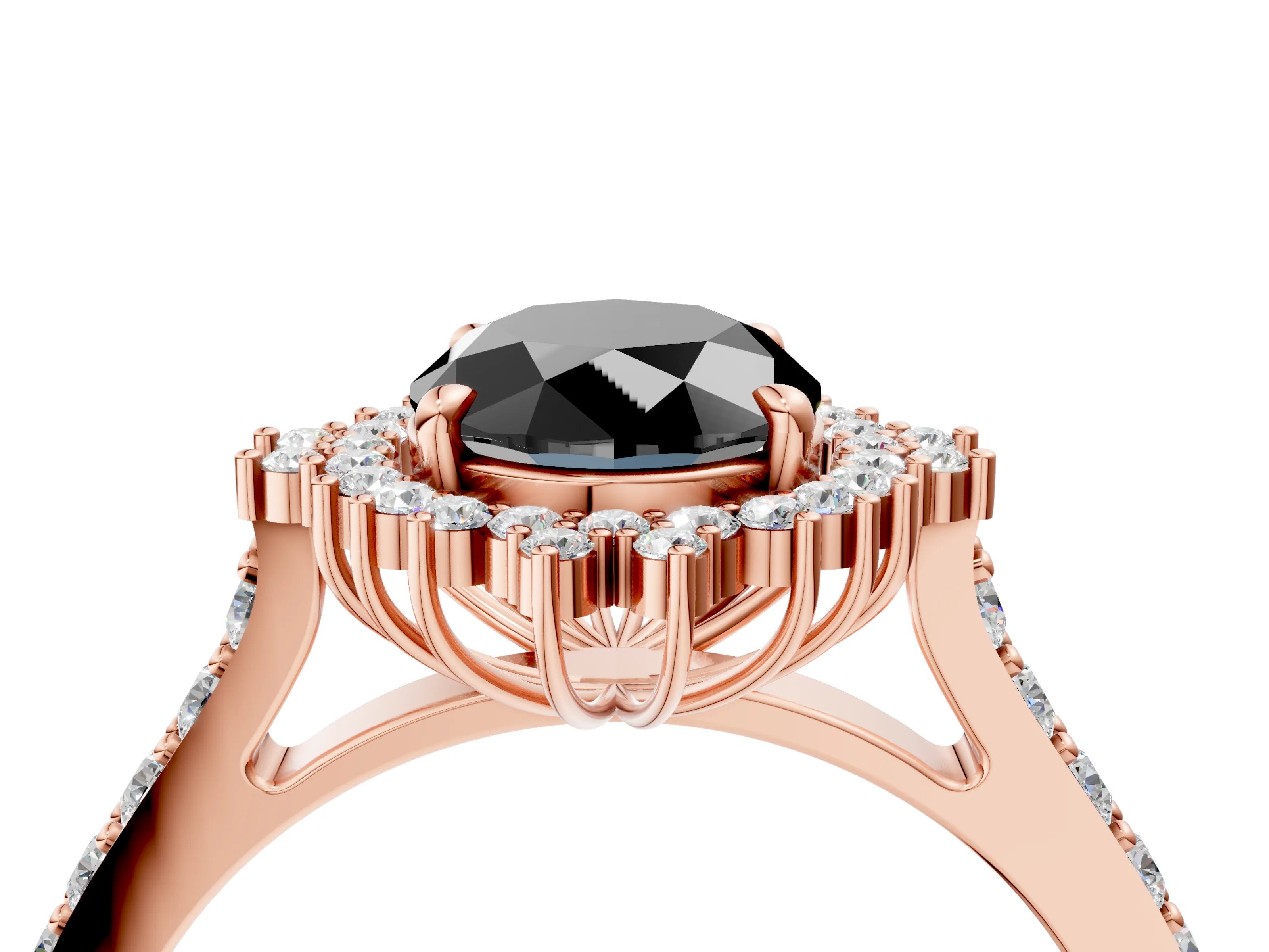 Rose gold Fancy Black Oval Cut Cut Diamond Sunburst Halo Engagement Ring with Pavé Band_16