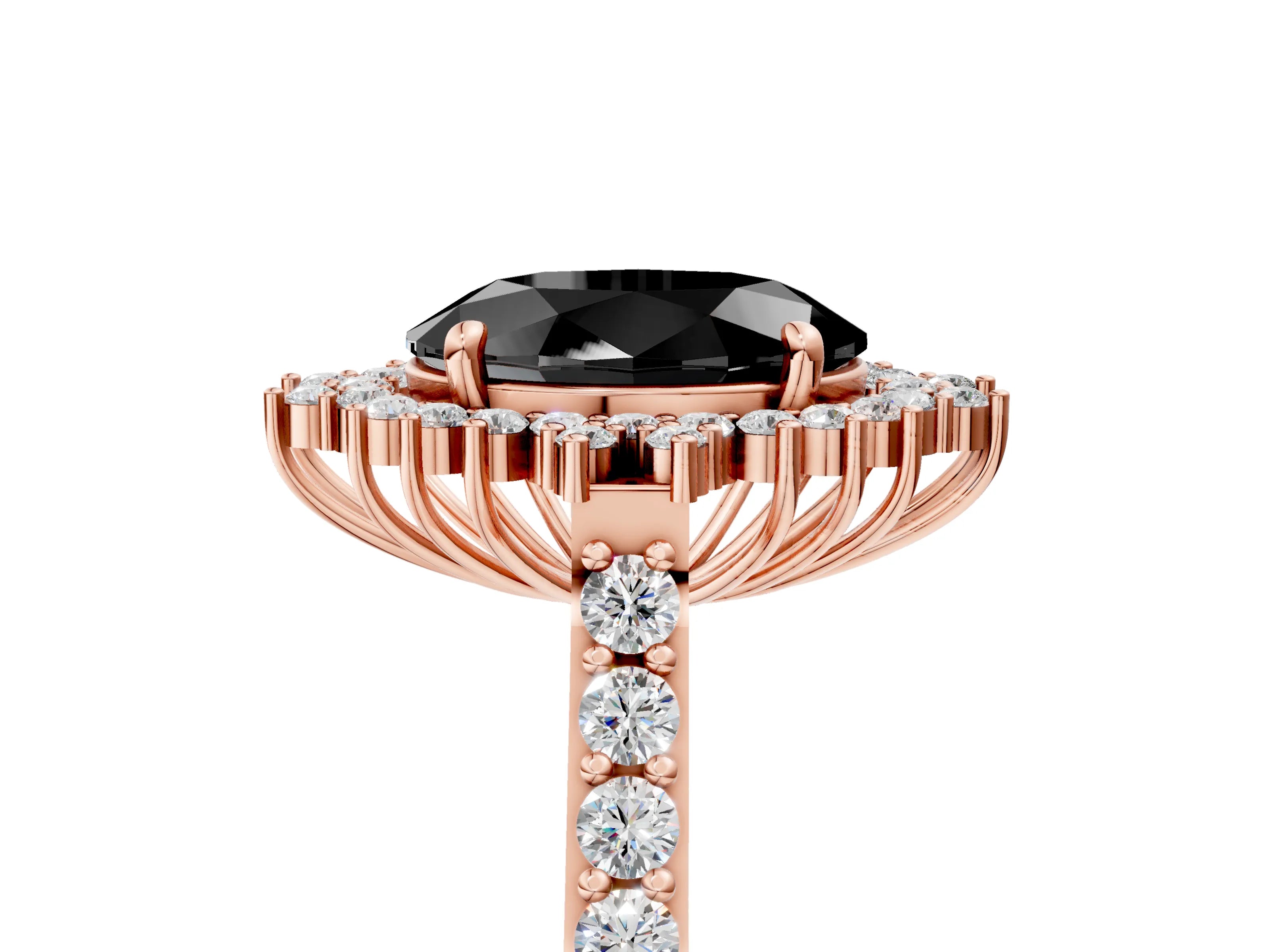 Rose gold Fancy Black Oval Cut Cut Diamond Sunburst Halo Engagement Ring with Pavé Band_17
