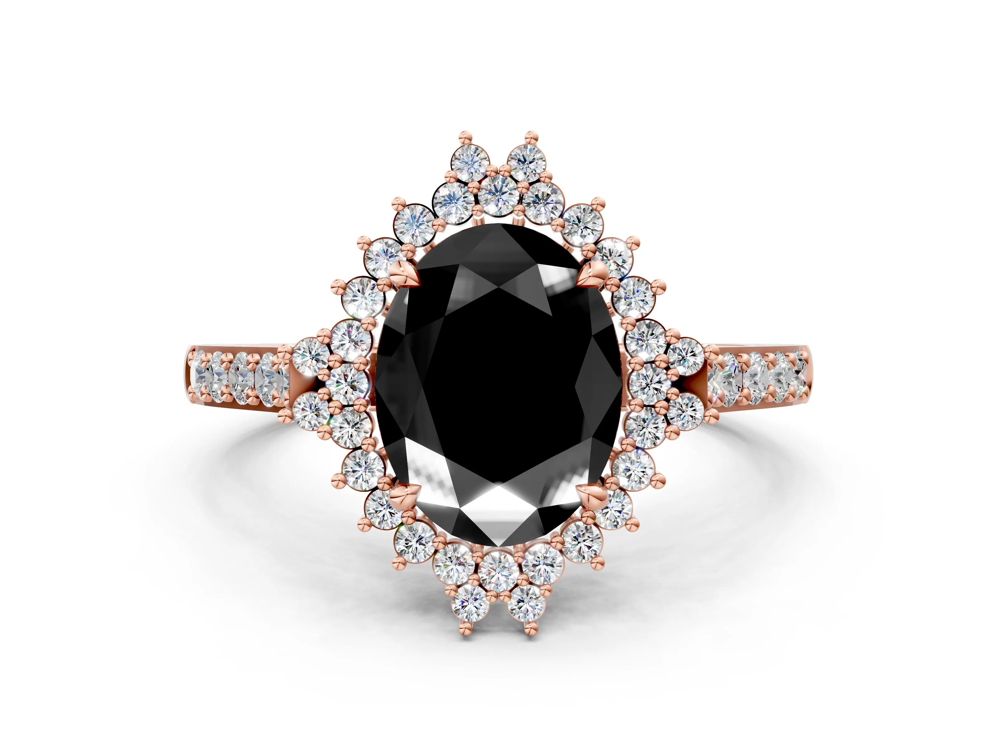 Rose gold Fancy Black Oval Cut Cut Diamond Sunburst Halo Engagement Ring with Pavé Band_24