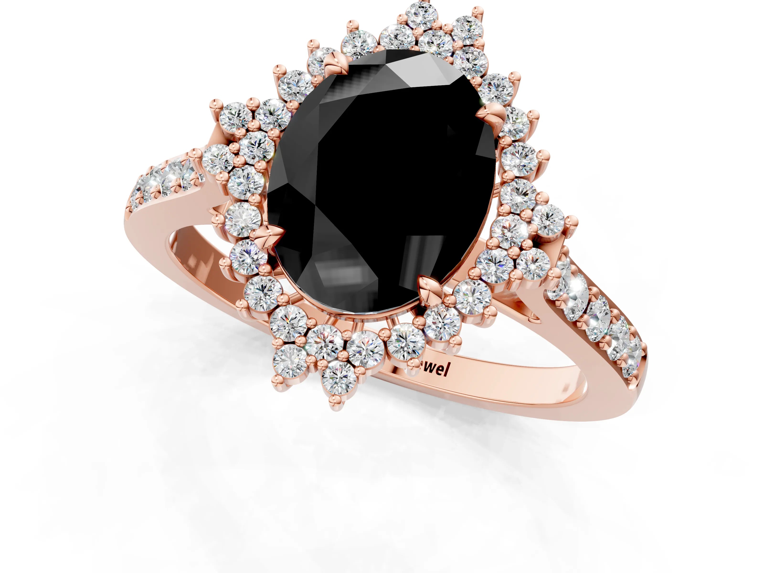 Rose gold Fancy Black Oval Cut Cut Diamond Sunburst Halo Engagement Ring with Pavé Band_25
