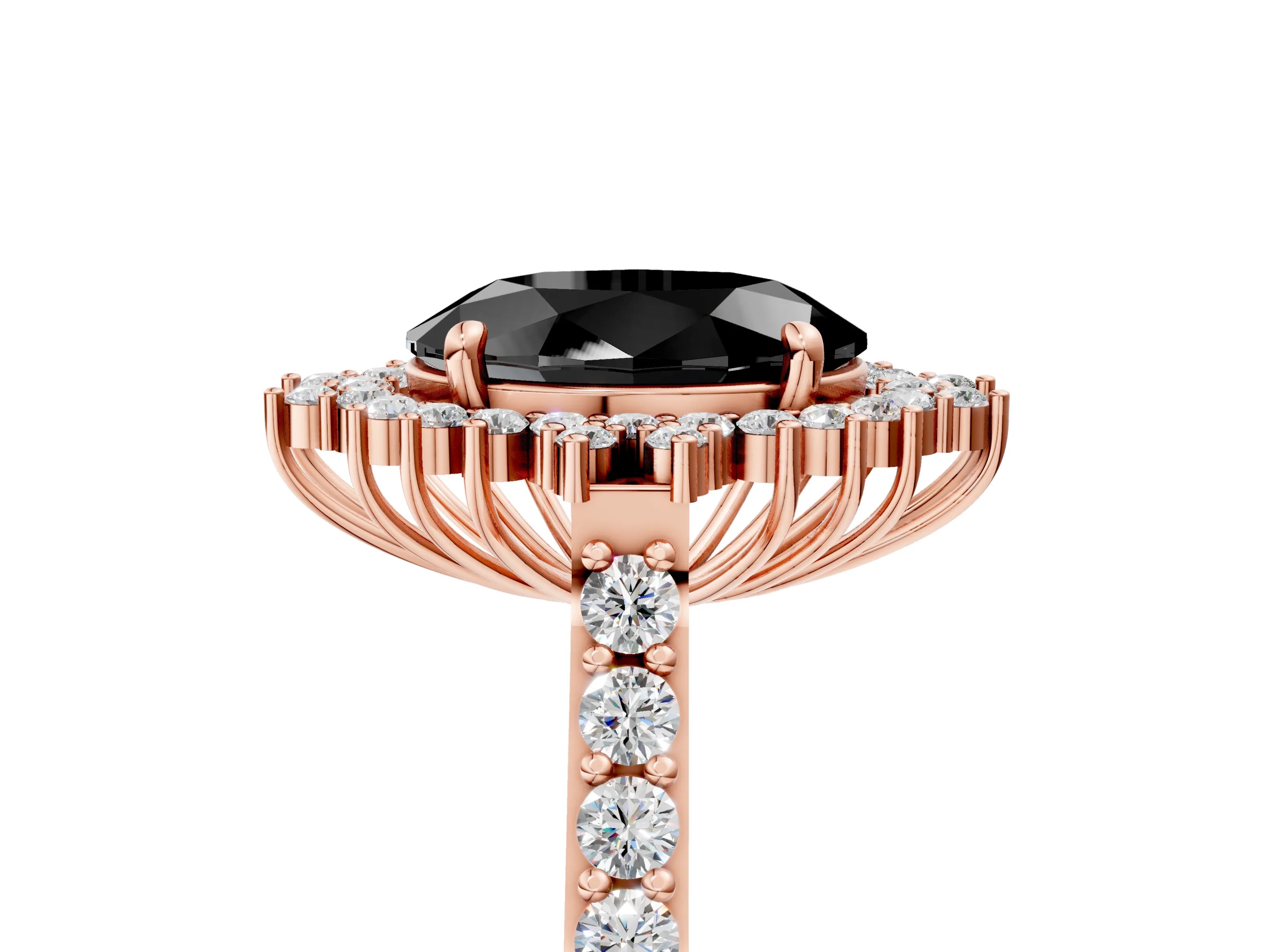 Rose gold Fancy Black Oval Cut Cut Diamond Sunburst Halo Engagement Ring with Pavé Band_29