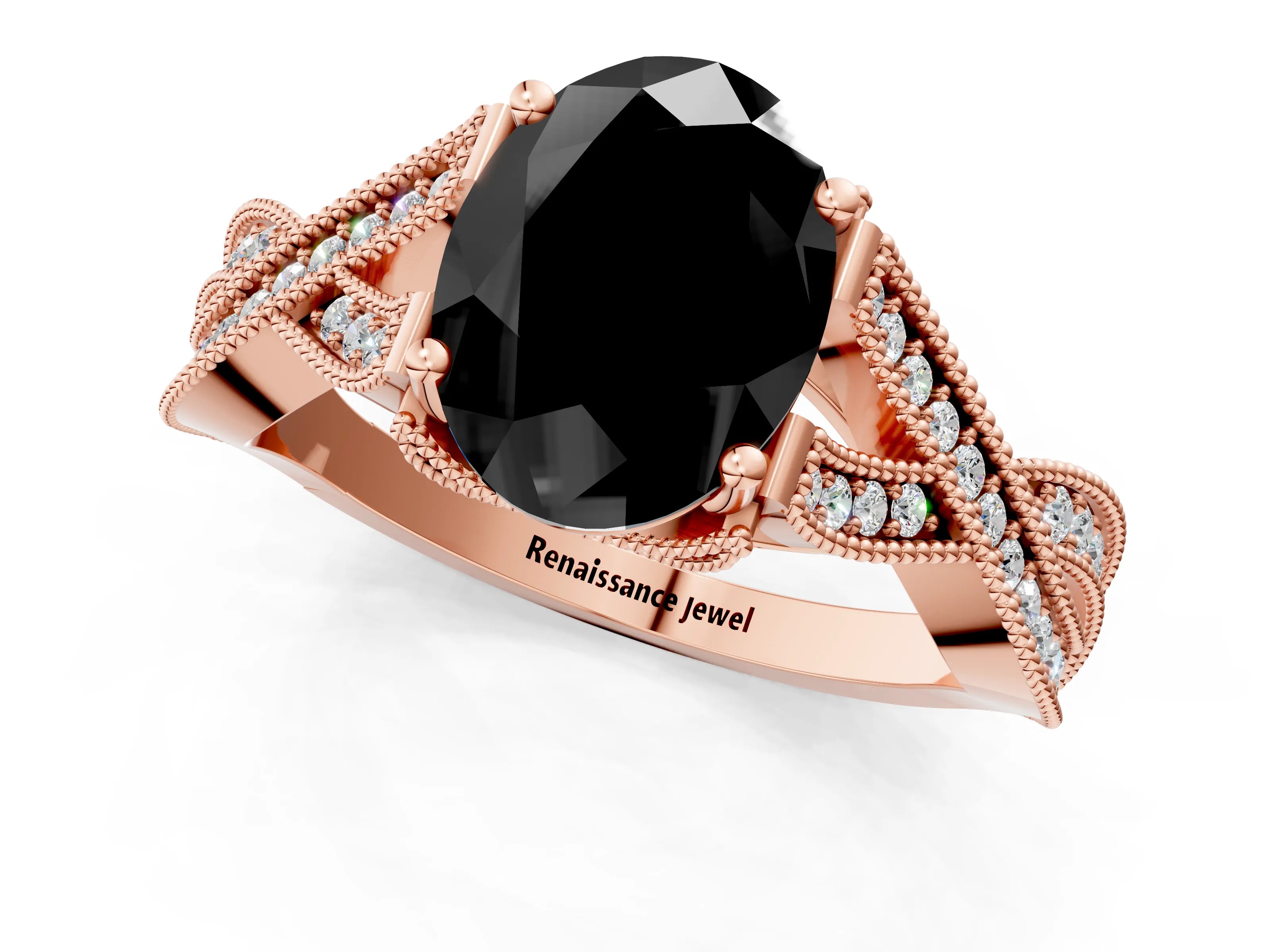 Rose gold Fancy Black Oval Cut Cut Diamond Twisted Band with Milgrain Pave Setting and Four-Prong Setting_1