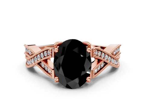Rose gold Fancy Black Oval Cut Cut Diamond Twisted Band with Milgrain Pave Setting and Four-Prong Setting
