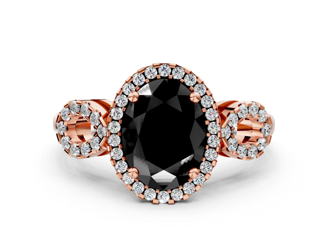 Rose gold Fancy Black Oval Cut Cut Halo Diamond Infinity Band with Four-Prong Setting