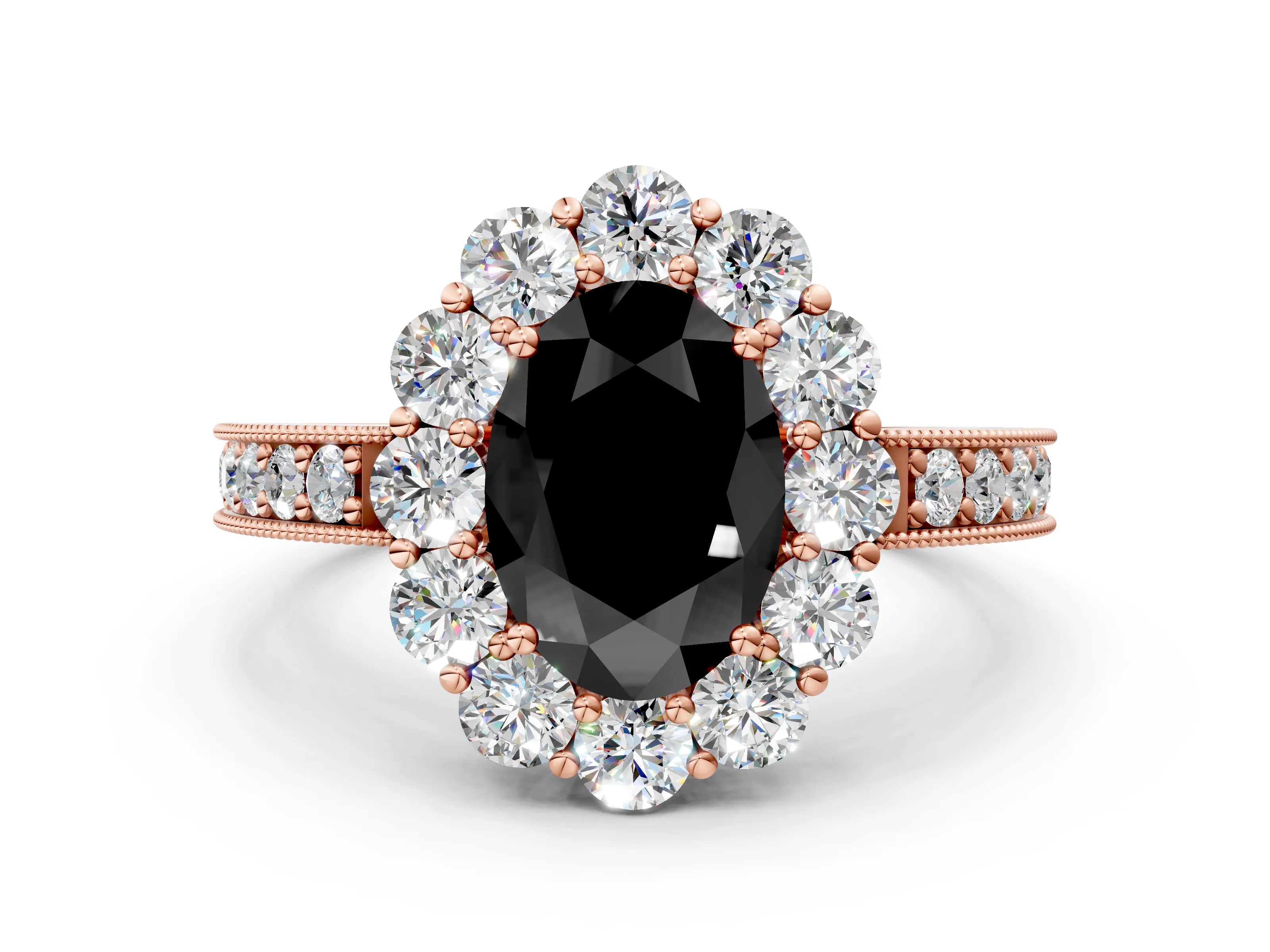 Rose gold Fancy Black Oval Cut Cut Halo Diamond Pavé Engagement Ring with Milgrain Detailing