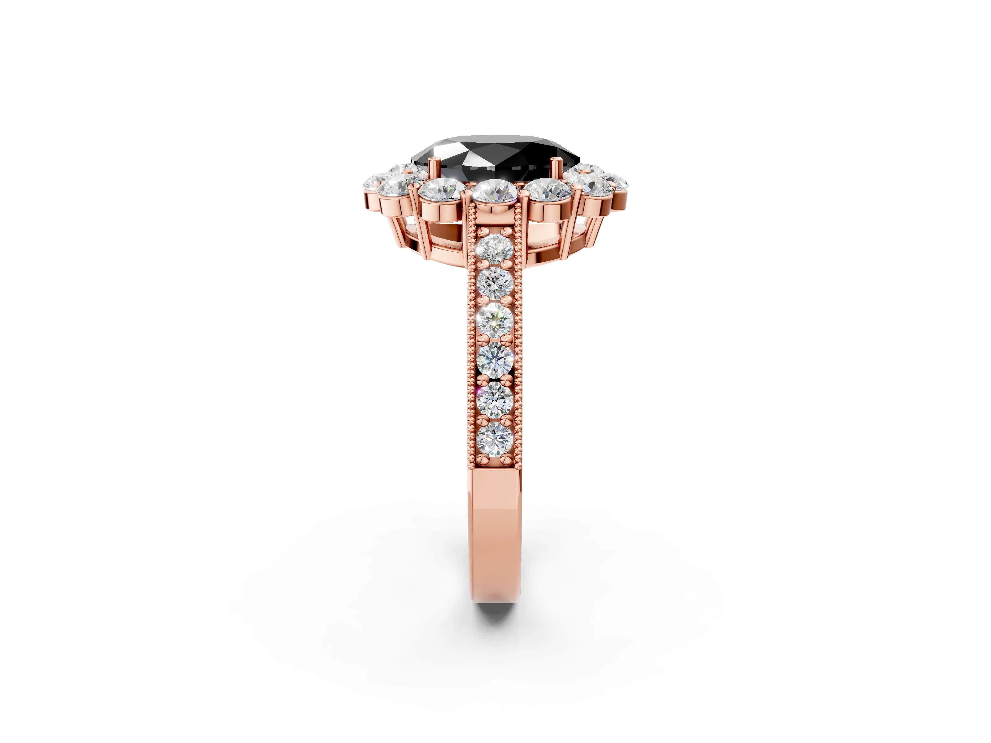 Rose gold Fancy Black Oval Cut Cut Halo Diamond Pavé Engagement Ring with Milgrain Detailing_2