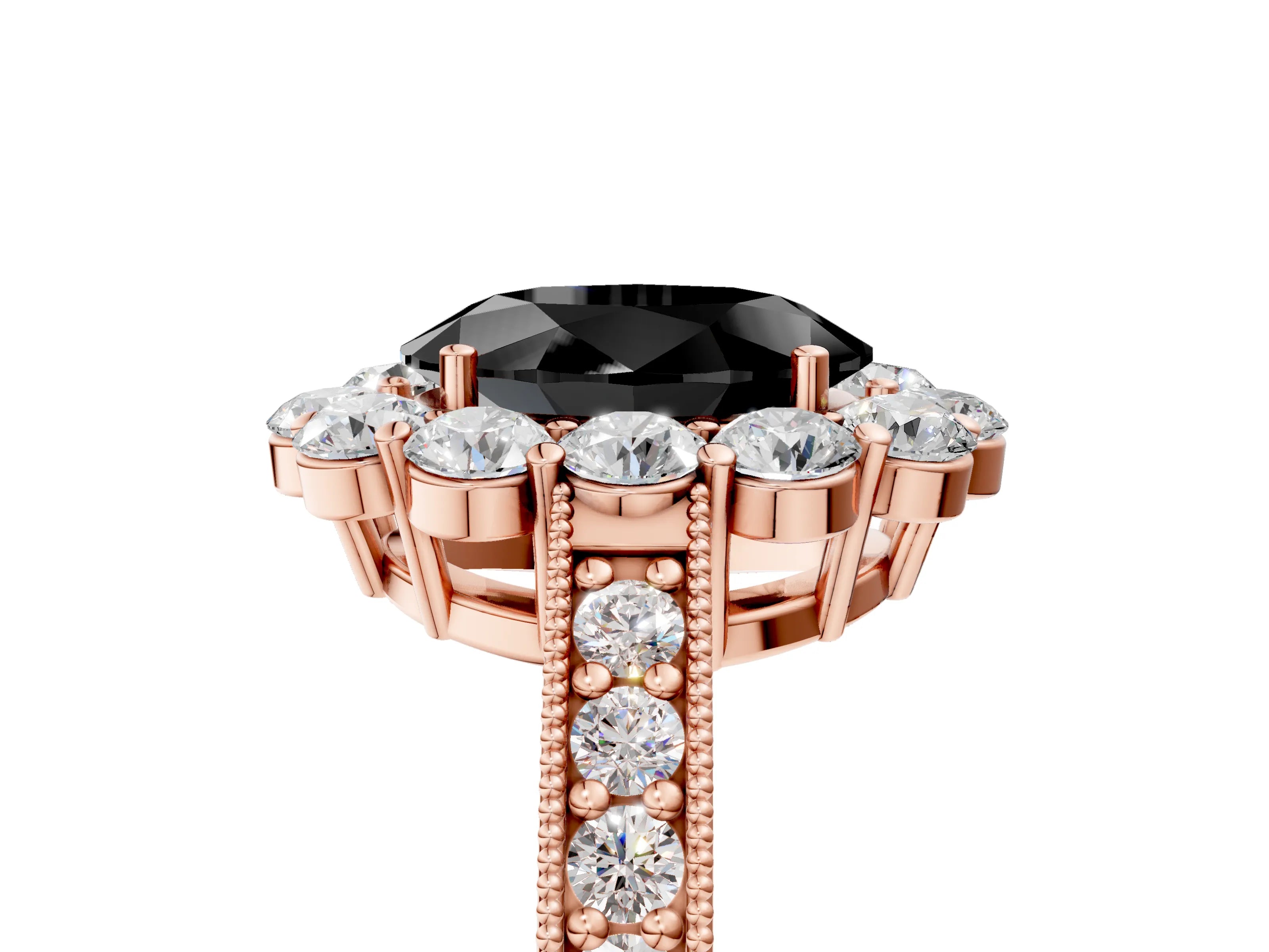 Rose gold Fancy Black Oval Cut Cut Halo Diamond Pavé Engagement Ring with Milgrain Detailing_5