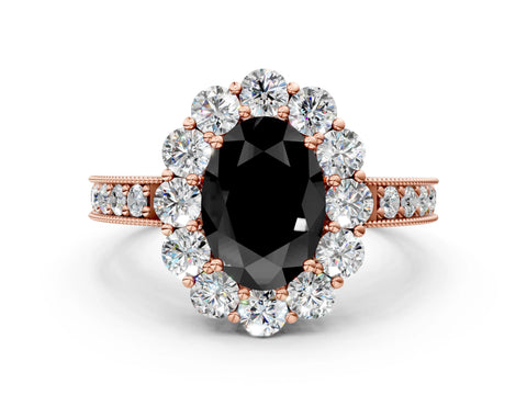 Rose gold Fancy Black Oval Cut Cut Halo Diamond Pavé Engagement Ring with Milgrain Detailing