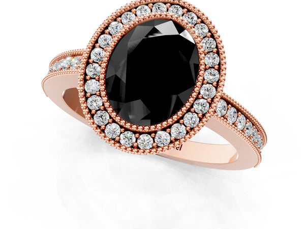 Rose Gold Oval Double Milgrain Halo Engagement Ring Setting for Black Center
