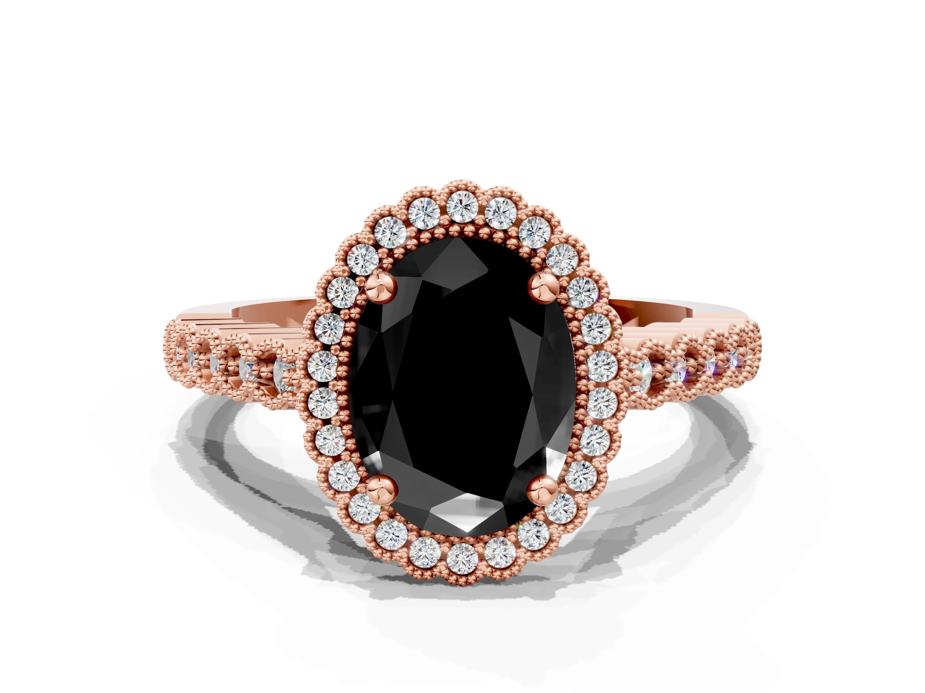 Rose gold Fancy Black Oval Cut Cut Halo Pavé Solitaire Ring with Milgrain Band