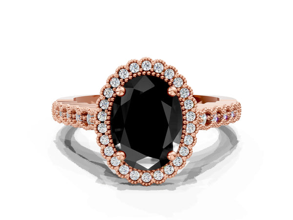 Rose Gold Oval Milgrain Halo Pave Engagement Ring Setting for Black Center