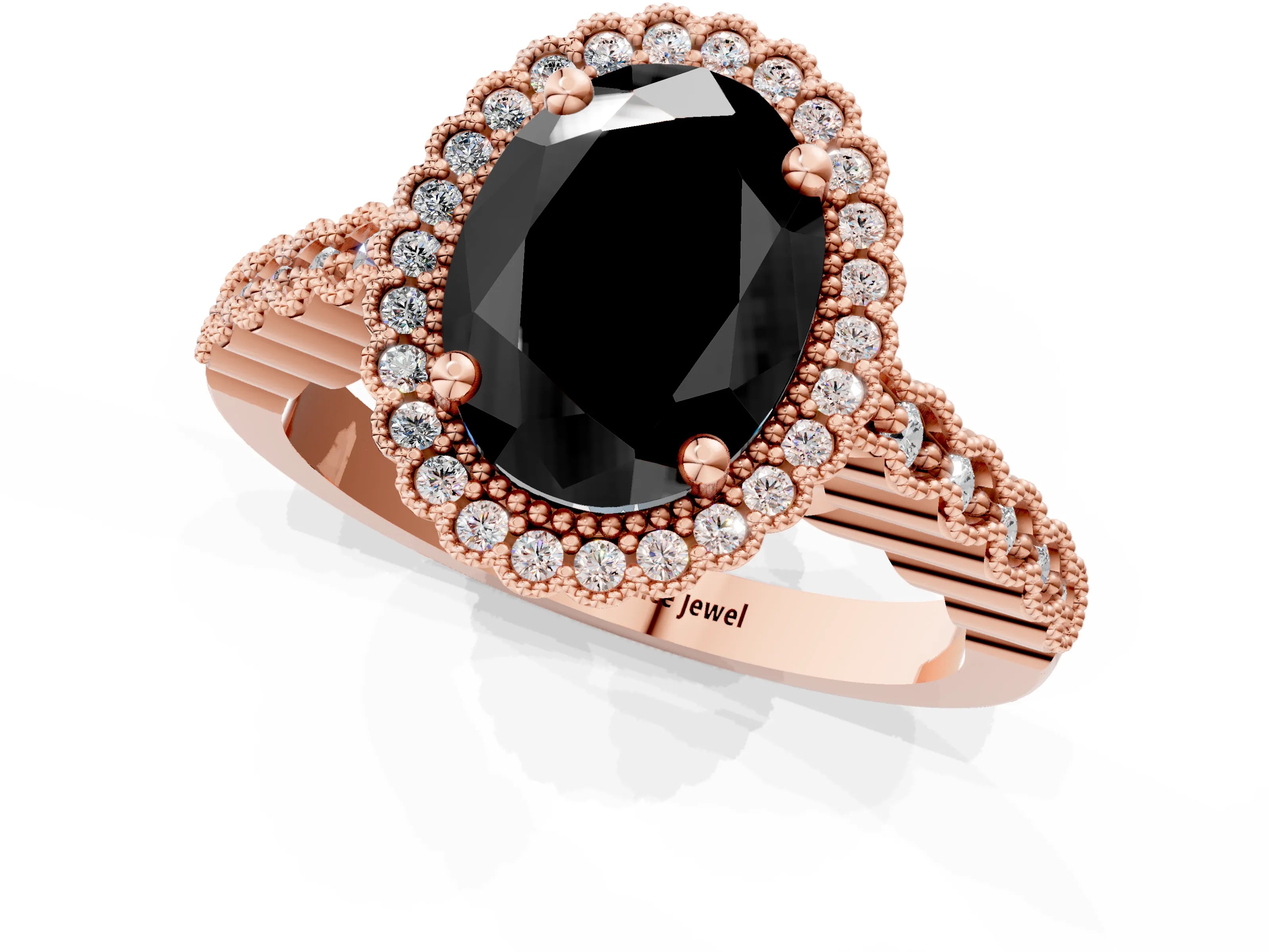 Rose gold Fancy Black Oval Cut Cut Halo Pavé Solitaire Ring with Milgrain Band_1