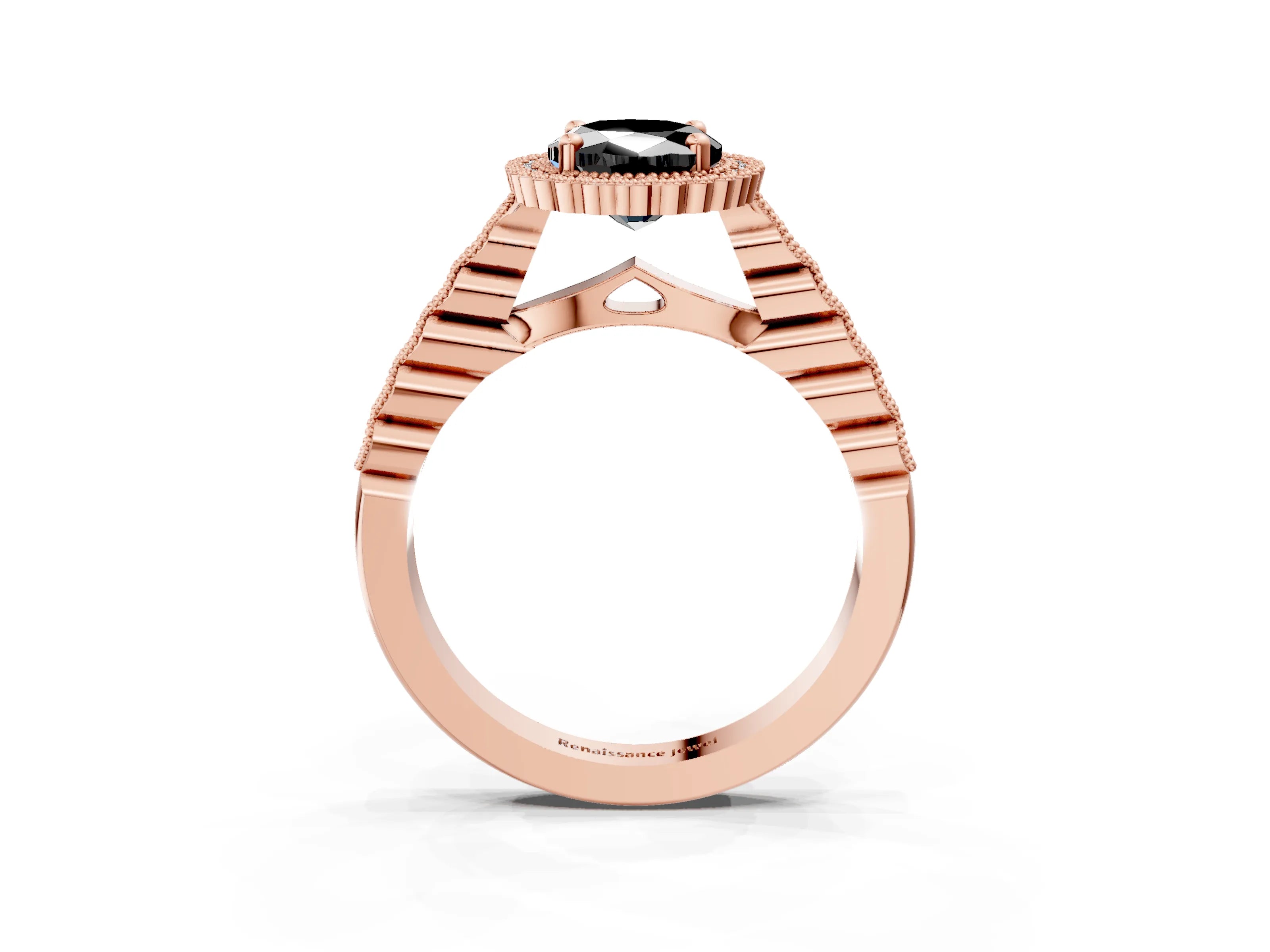 Rose gold Fancy Black Oval Cut Cut Halo Pavé Solitaire Ring with Milgrain Band_3