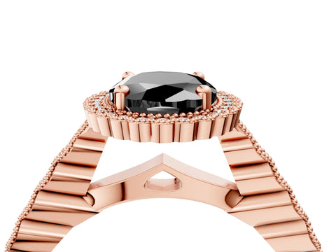 Rose gold Fancy Black Oval Cut Cut Halo Pavé Solitaire Ring with Milgrain Band_4