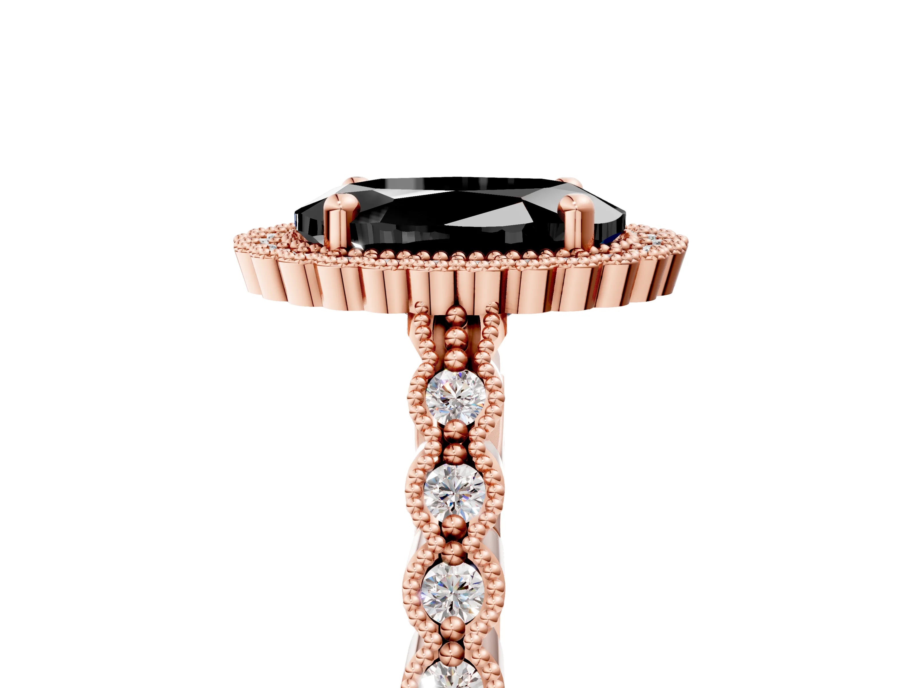 Rose gold Fancy Black Oval Cut Cut Halo Pavé Solitaire Ring with Milgrain Band_5