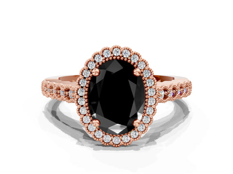 Rose gold Fancy Black Oval Cut Cut Halo Pavé Solitaire Ring with Milgrain Band