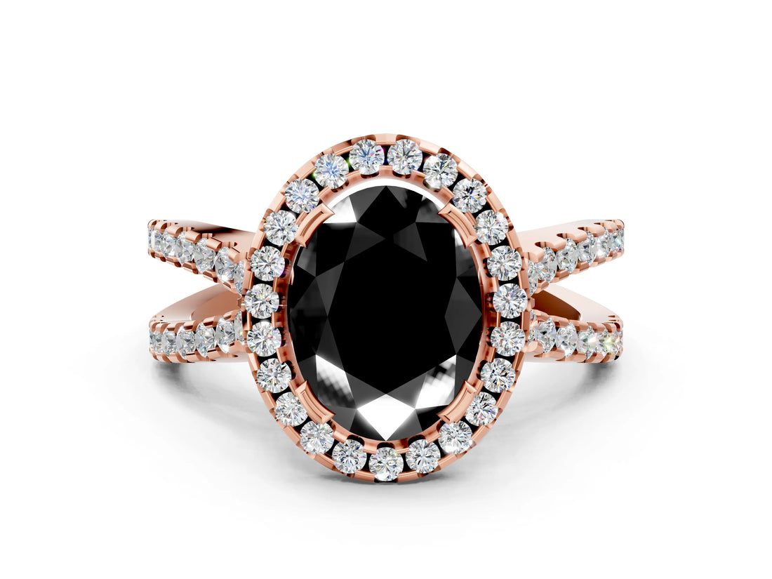 Rose gold Fancy Black Oval Cut Cut Halo Split Shank Pave Set Ring