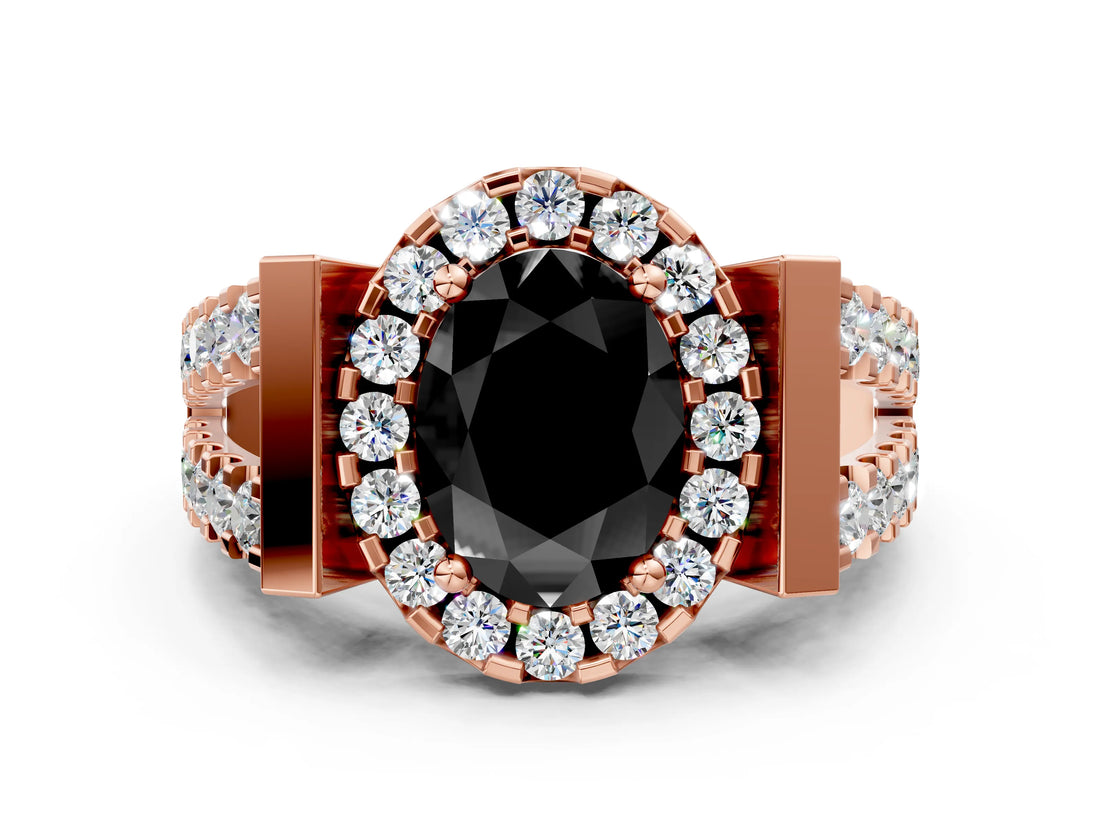 Rose gold Fancy Black Oval Cut Cut Halo Split Shank Prong Set Ring