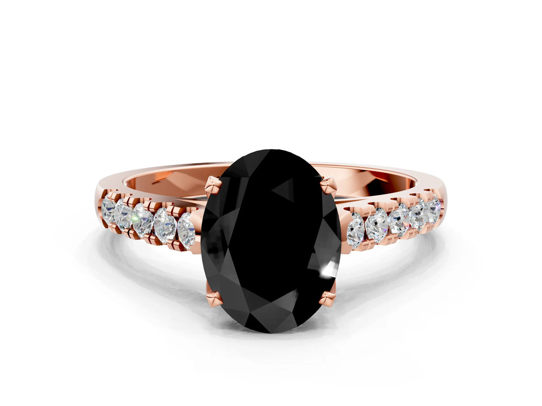 Rose gold Fancy Black Oval Cut Cut Pavé Band Solitaire Ring with Four-Prong Setting