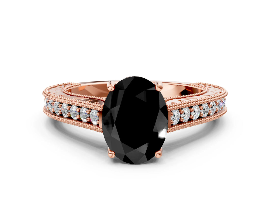 Rose gold Fancy Black Oval Cut Cut Pave Band Milgrain Solitaire Ring