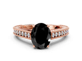 Rose gold Fancy Black Oval Cut Cut Pave Band Milgrain Solitaire Ring