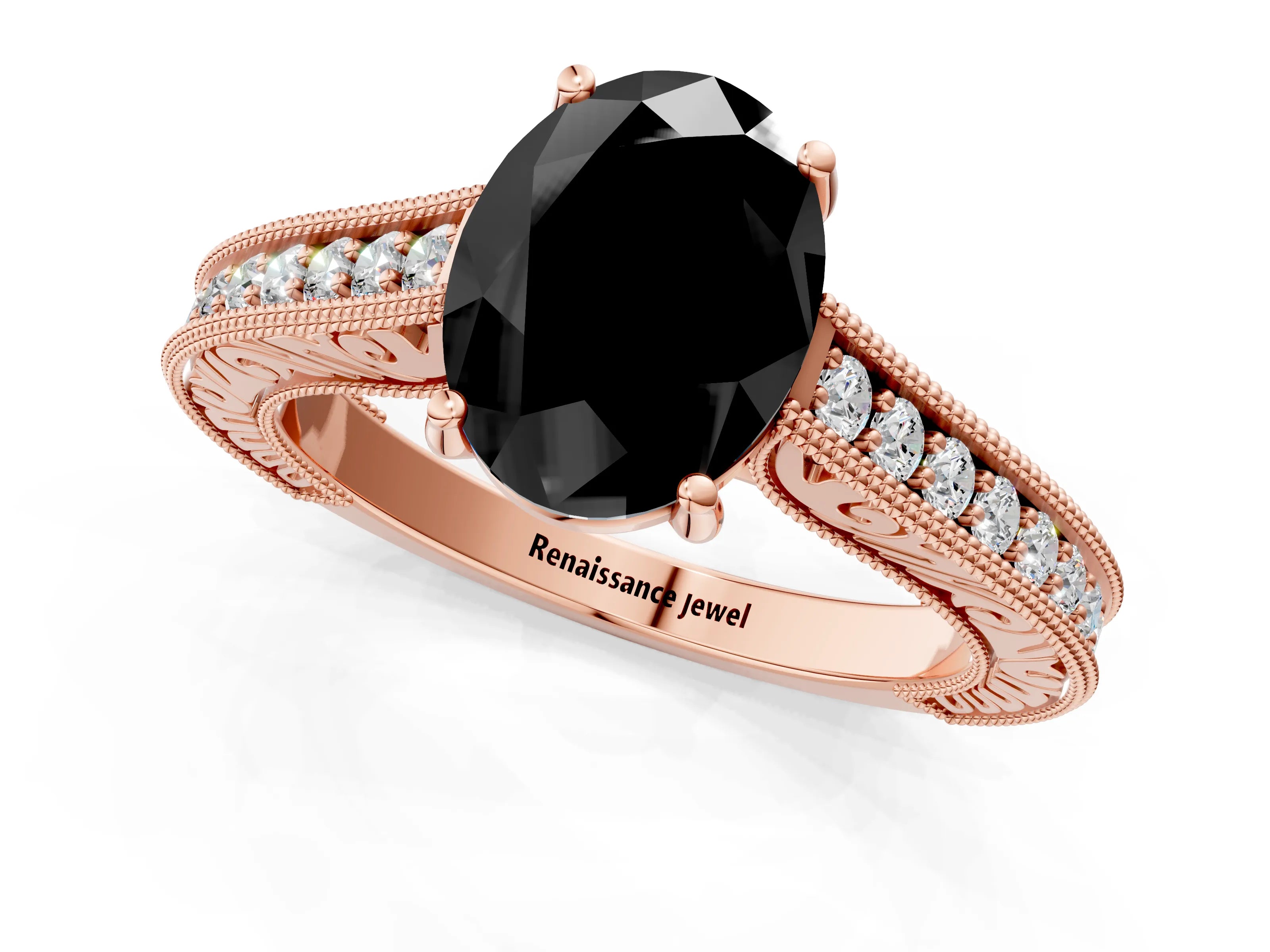 Rose gold Fancy Black Oval Cut Cut Pave Band Milgrain Solitaire Ring_1