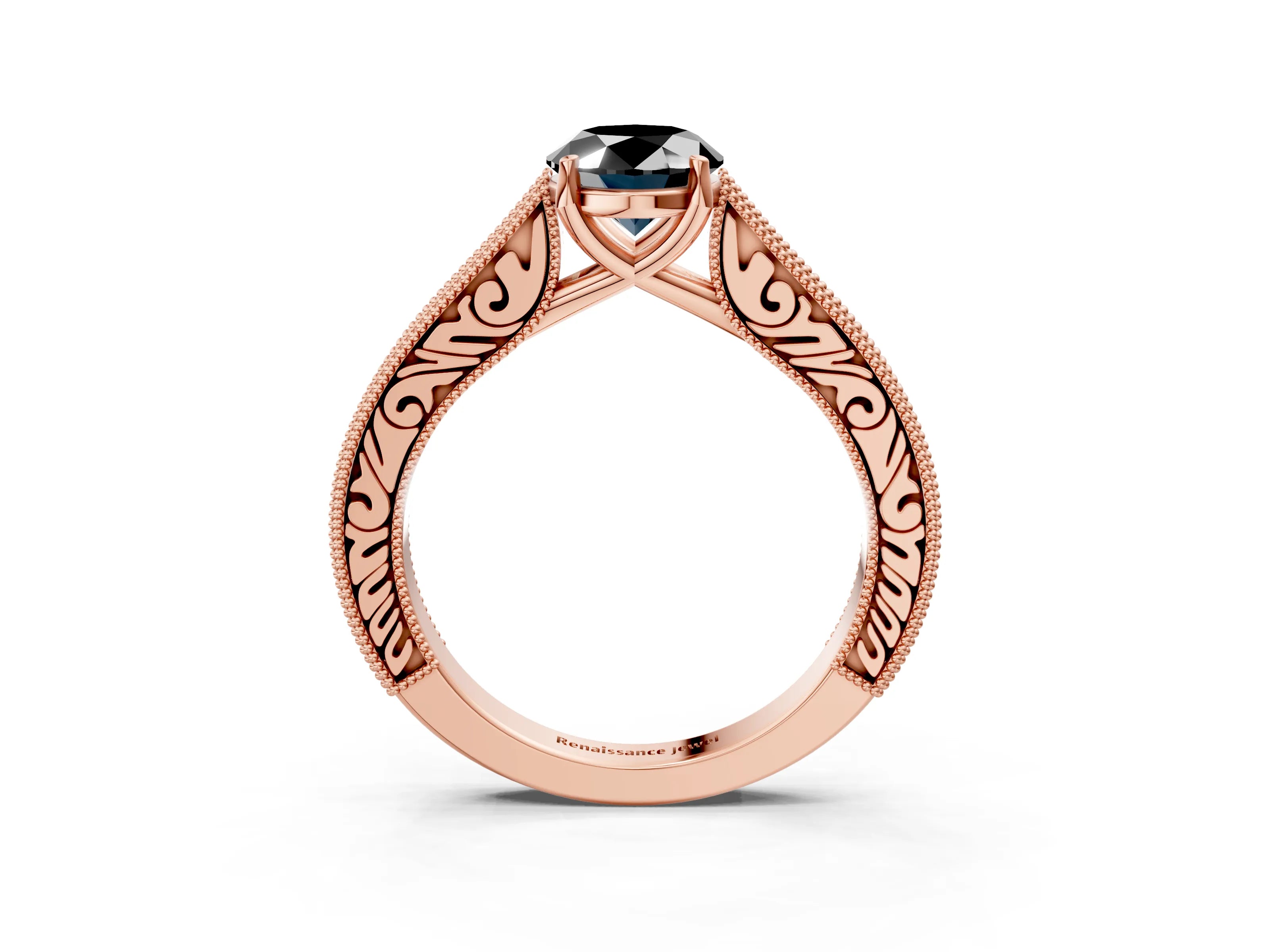 Rose gold Fancy Black Oval Cut Cut Pave Band Milgrain Solitaire Ring_3