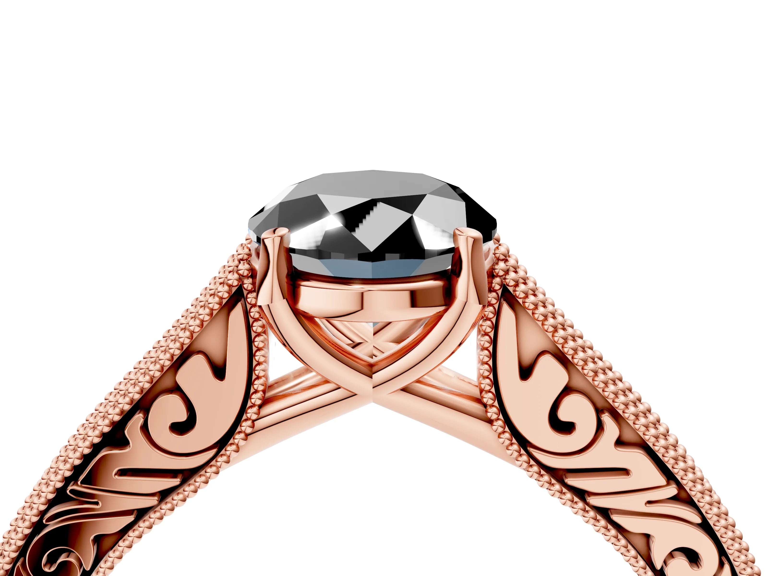 Rose gold Fancy Black Oval Cut Cut Pave Band Milgrain Solitaire Ring_4