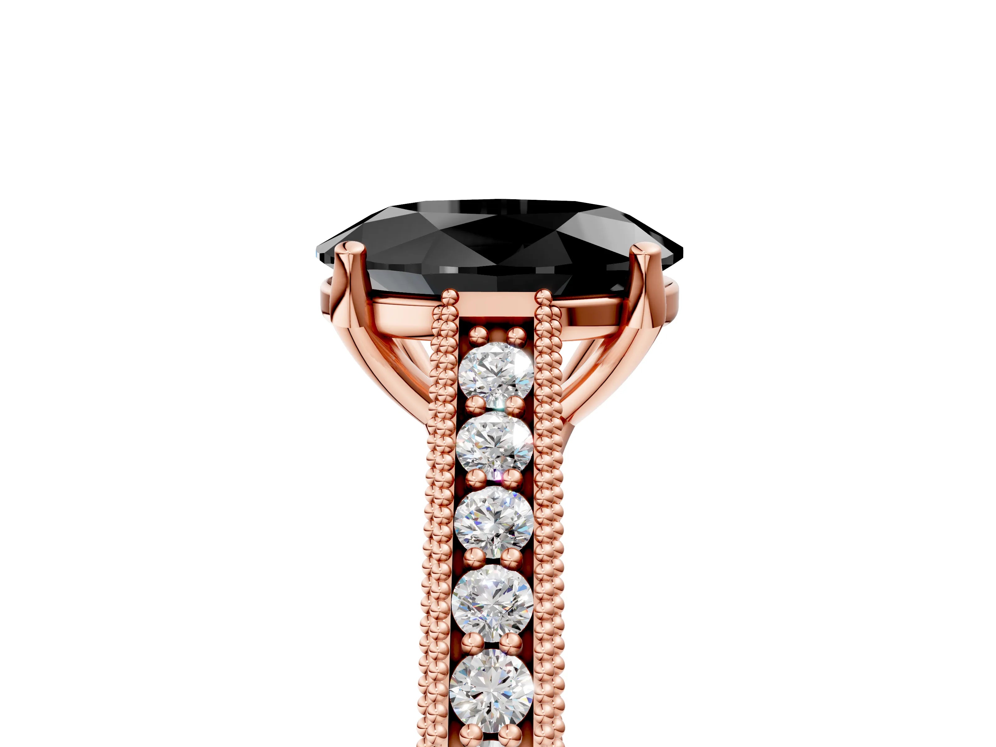 Rose gold Fancy Black Oval Cut Cut Pave Band Milgrain Solitaire Ring_5