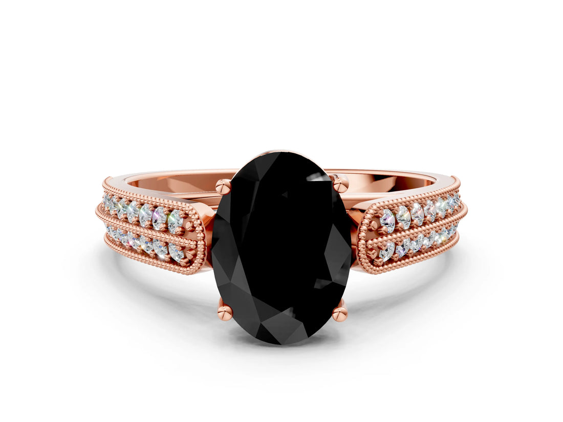 Rose gold Fancy Black Oval Cut Cut Pave Split Shank Engagement Ring with Four-Prong Setting