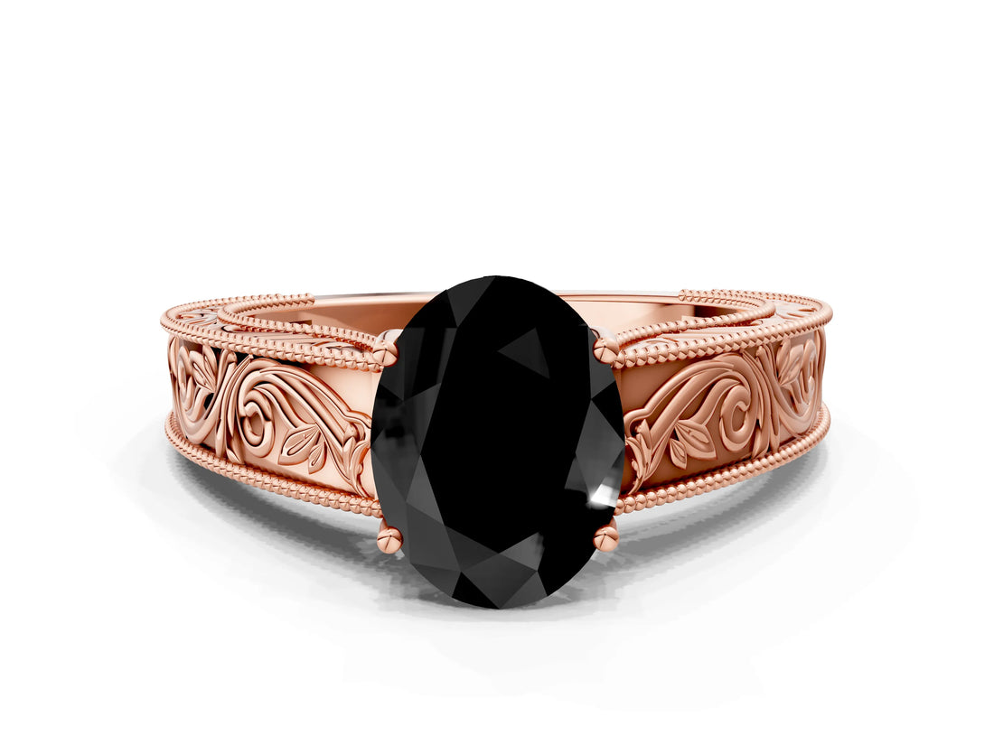 Rose gold Fancy Black Oval Cut Cut Solitaire Engraved Band with Four-Prong Setting
