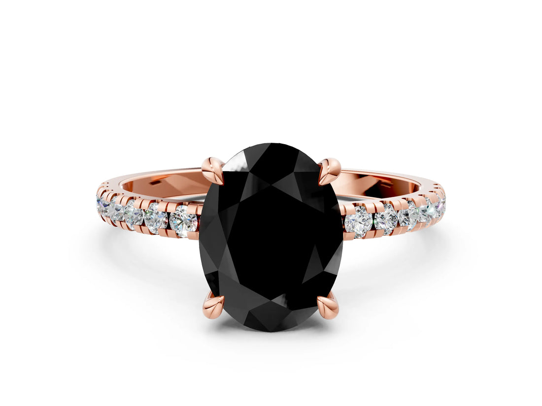 Rose gold Fancy Black Oval Cut Diamond Brilliant Solitaire Ring with Pavé Band and Four-Prong Setting_12