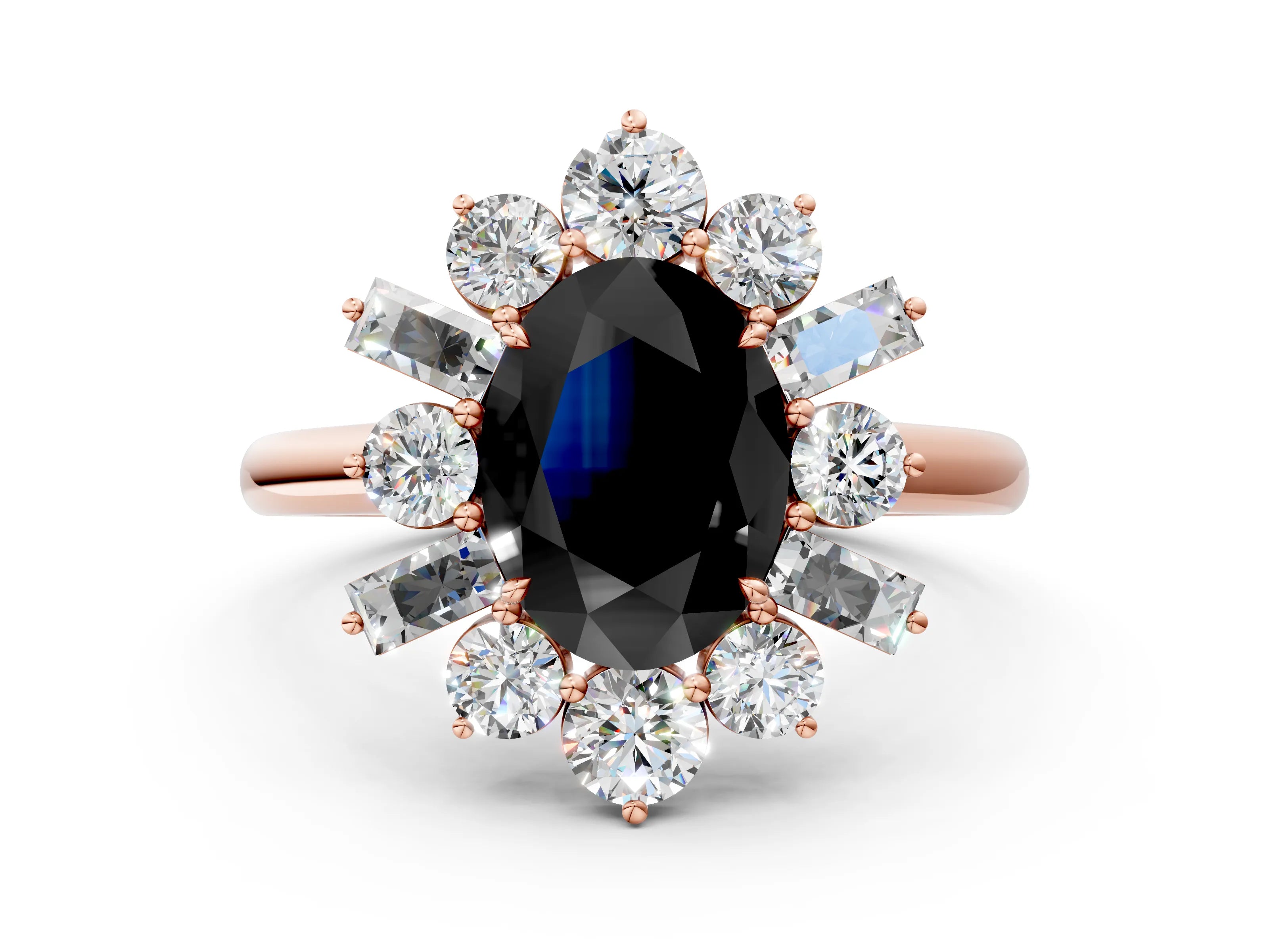 Rose gold Fancy Black Oval Cut Diamond Cluster Ring with Round and Baguette Stones, Split Shank Band, Prong Setting