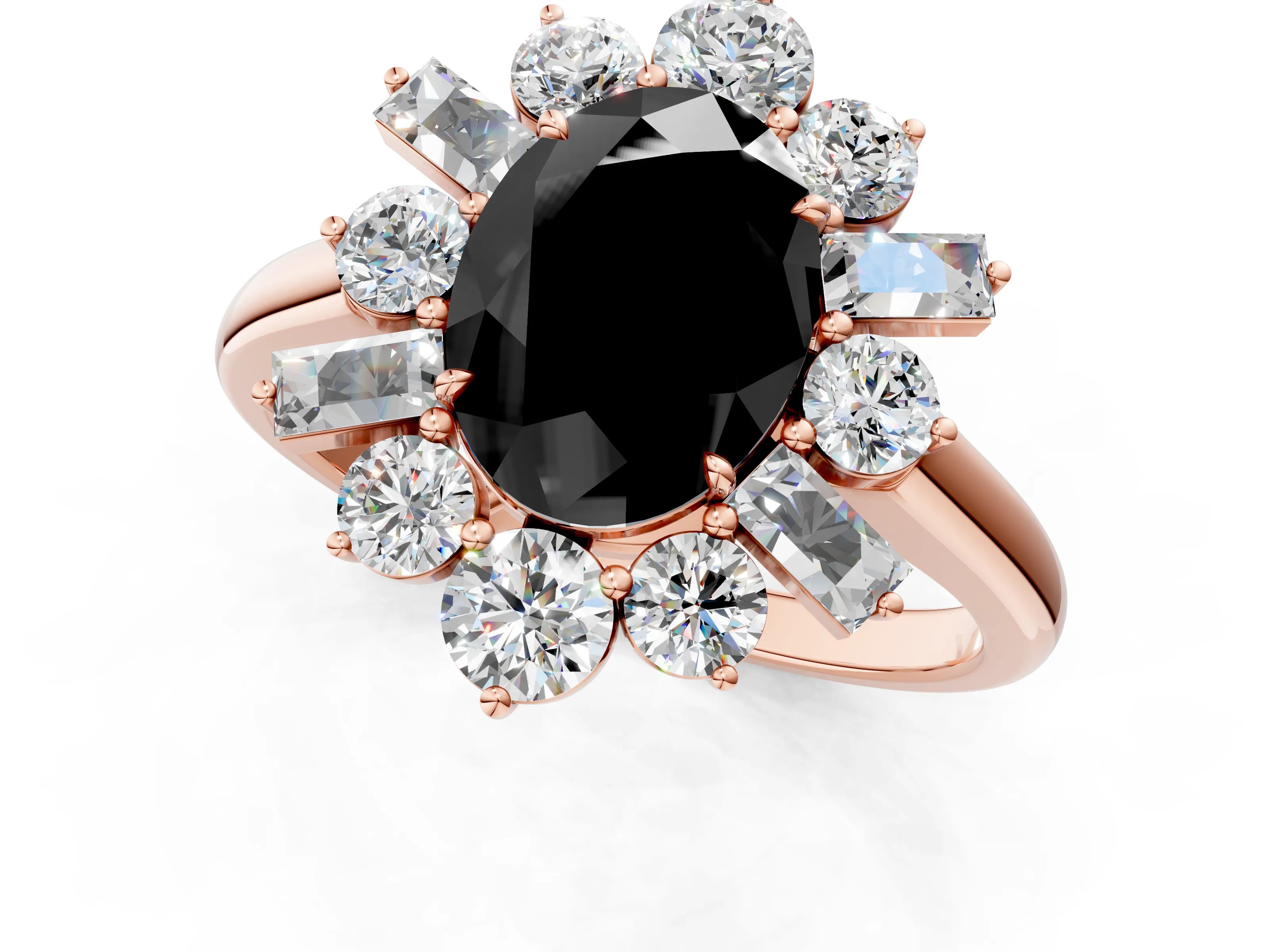 Rose gold Fancy Black Oval Cut Diamond Cluster Ring with Round and Baguette Stones, Split Shank Band, Prong Setting_1