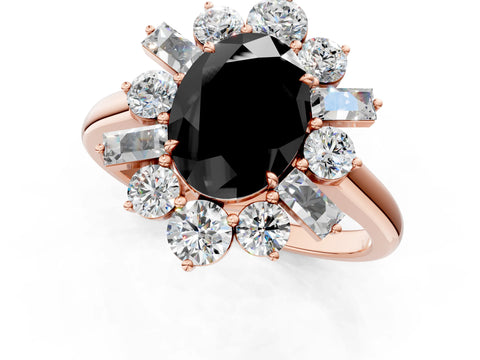 Rose gold Fancy Black Oval Cut Diamond Cluster Ring with Round and Baguette Stones, Split Shank Band, Prong Setting_1