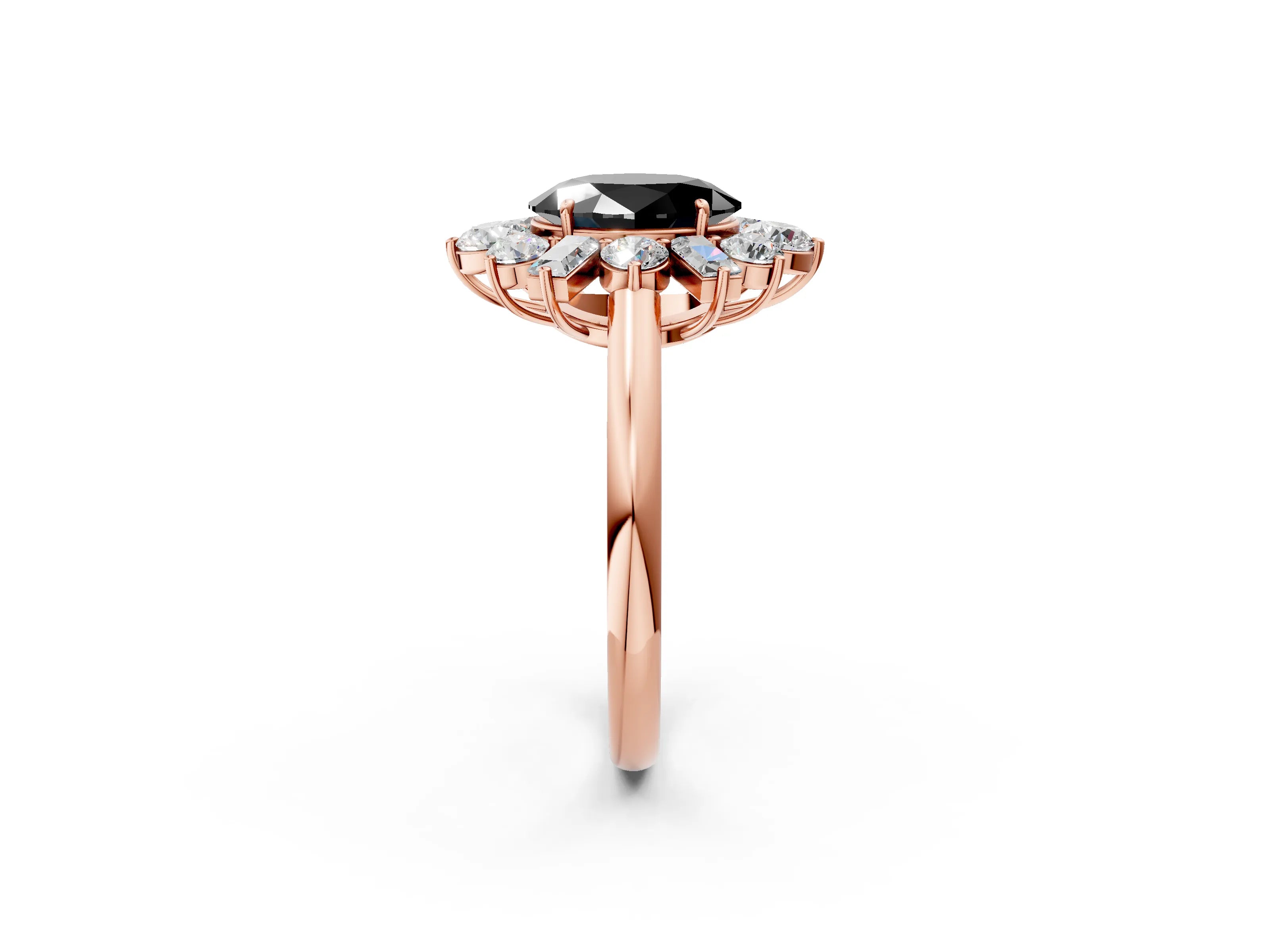 Rose gold Fancy Black Oval Cut Diamond Cluster Ring with Round and Baguette Stones, Split Shank Band, Prong Setting_2