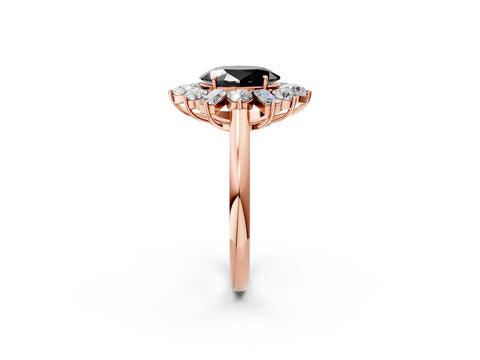 Rose gold Fancy Black Oval Cut Diamond Cluster Ring with Round and Baguette Stones, Split Shank Band, Prong Setting_2
