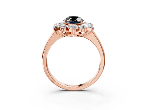 Rose gold Fancy Black Oval Cut Diamond Cluster Ring with Round and Baguette Stones, Split Shank Band, Prong Setting_3