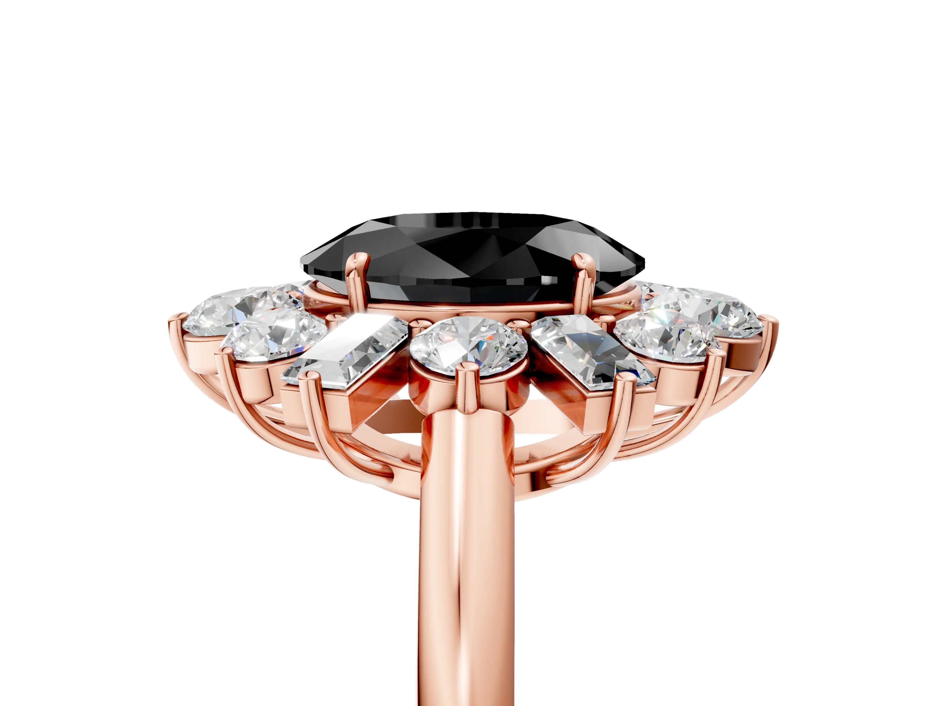 Rose gold Fancy Black Oval Cut Diamond Cluster Ring with Round and Baguette Stones, Split Shank Band, Prong Setting_5