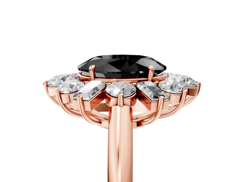 Rose gold Fancy Black Oval Cut Diamond Cluster Ring with Round and Baguette Stones, Split Shank Band, Prong Setting_5