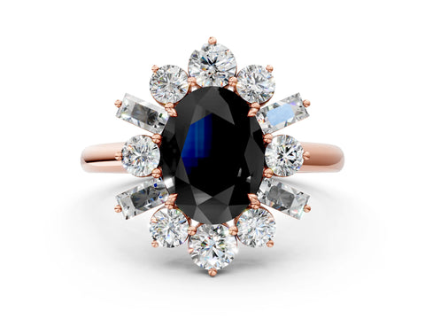 Rose gold Fancy Black Oval Cut Diamond Cluster Ring with Round and Baguette Stones, Split Shank Band, Prong Setting