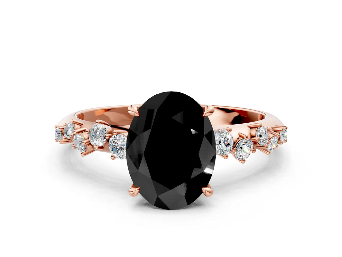 Rose gold Fancy Black Oval Cut Diamond Cluster Side Stone Solitaire Ring with Prong Setting_24