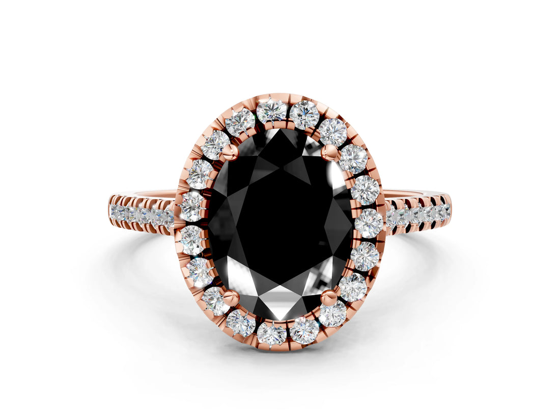 Rose gold Fancy Black Oval Cut Diamond Cushion Halo Ring with Pavé Band