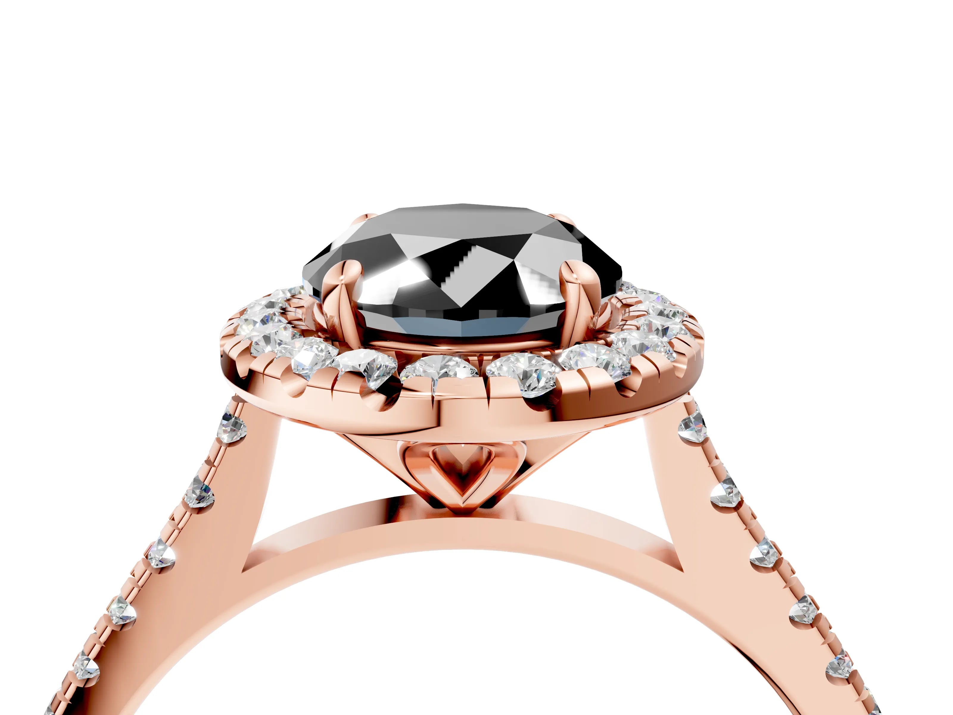 Rose gold Fancy Black Oval Cut Diamond Cushion Halo Ring with Pavé Band_4